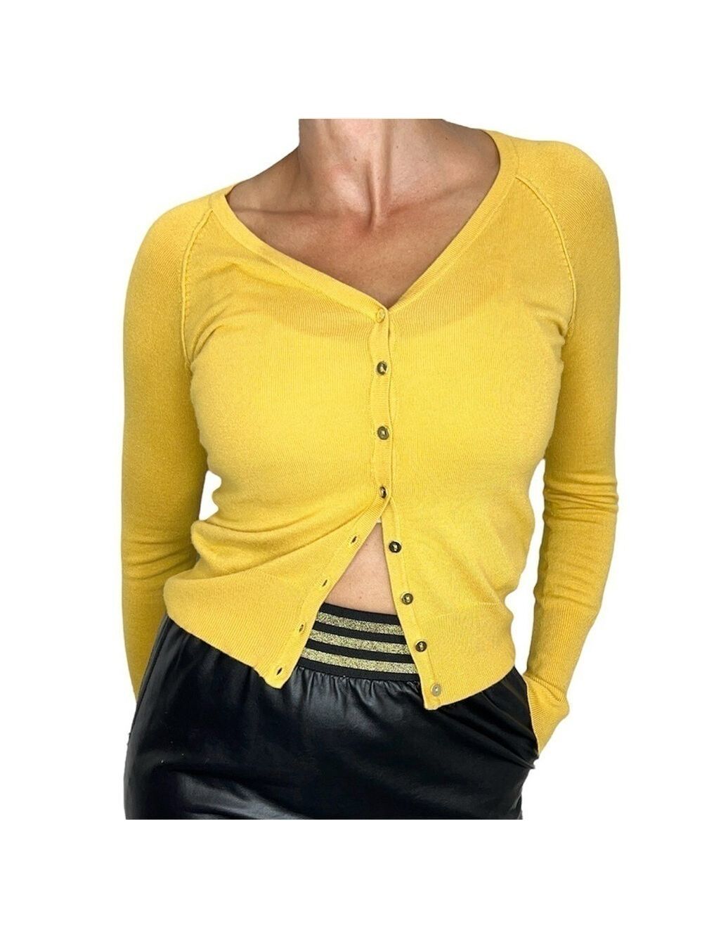Primark golden yellow cropped fitted fine knit cardigan sweater S